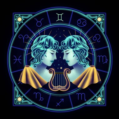 Gemini zodiac sign represented by two male youths. Neon horoscope symbol in circle with other astrology signs sets around.