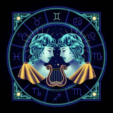 Gemini zodiac sign represented by two male youths. Neon horoscope symbol in circle with other astrology signs sets around. clipart