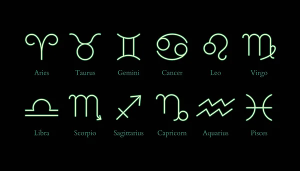 Neon Zodiac Symbols Neon Line Style Set Ordered Neon Astrological — Vettoriale Stock