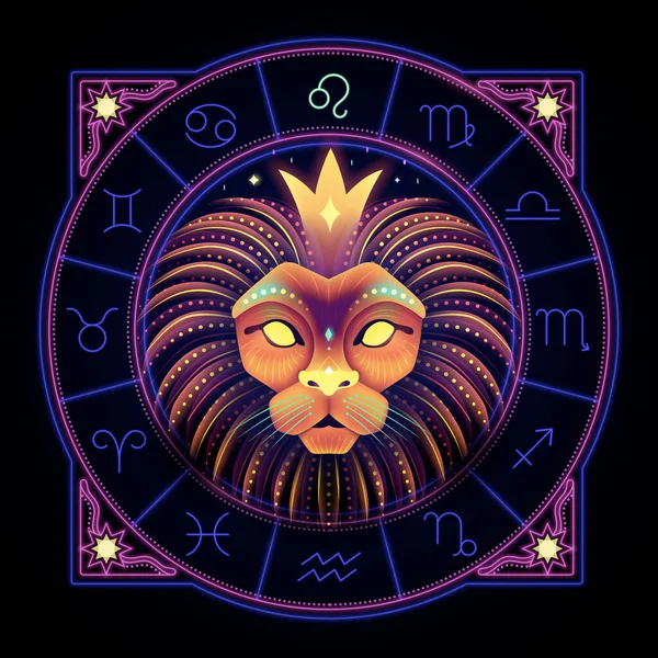 Leo Zodiac Sign Represented Lion Head King Celestial Jungle Neon — Vetor de Stock