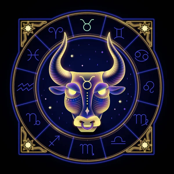 Taurus Zodiac Sign Represented Face Bull Neon Horoscope Symbol Circle — Vector de stock