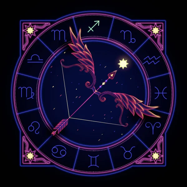 Sagittarius Zodiac Sign Represented Feather Bow Shoot Arrow Neon Horoscope — Vetor de Stock