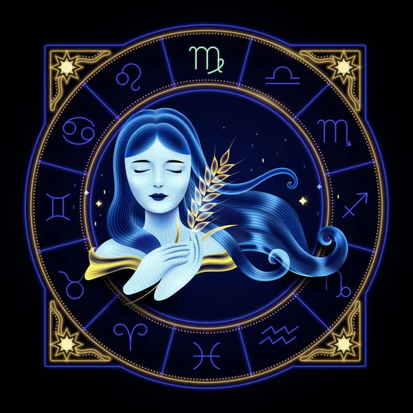 Virgo zodiac sign represented by a young maiden carrying a sheaf of wheat. Neon horoscope symbol in circle with other astrology signs sets around.