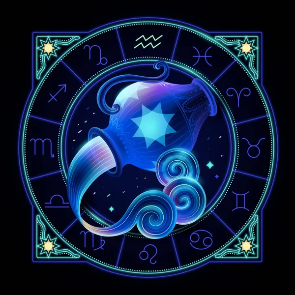 Aquarius Zodiac Sign Represented Large Jar Pouring Water Neon Horoscope — Stockvector