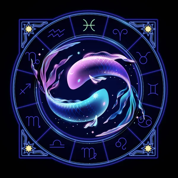 Pisces Zodiac Sign Represented Two Fish Swimming Directions Neon Horoscope — Stock Vector
