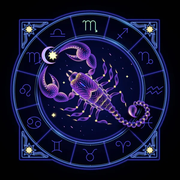 Scorpio Zodiac Sign Represented Scorpion Neon Horoscope Symbol Circle Other — Vettoriale Stock