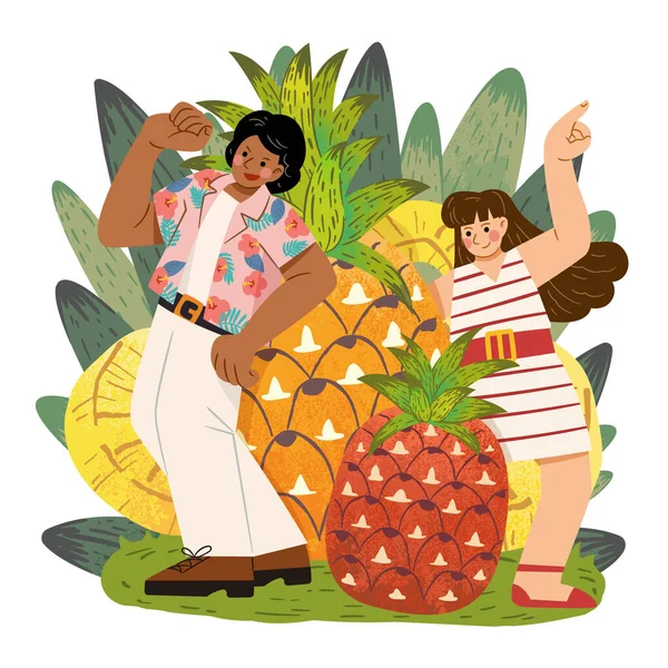 Ilustración Temática Frutas Personas Miniatura Hawaiana Trajes Lindos Pie Junto — Vector de stock