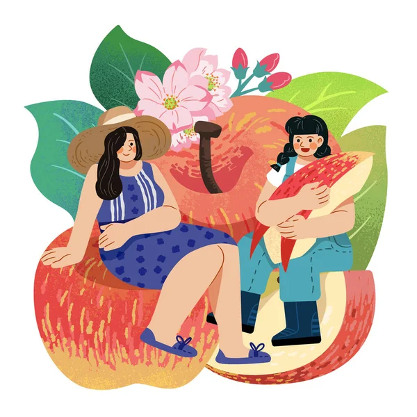 Ilustración Temática Frutas Personas Chicas Miniatura Trajes Lindos Sentados Manzanas — Archivo Imágenes Vectoriales