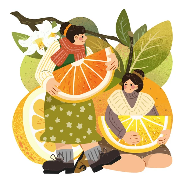 Meyve Insanlar Resimleme Temalı Kış Kıyafetli Minyatür Kızlar Ellerinde Portakallı — Stok Vektör