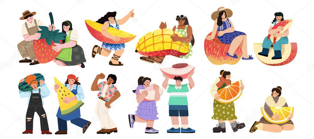 Fruit and people theme illustration set. Miniature people of different races in cute outfits interact with fruit pieces. 