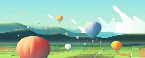 Панорама Красивого Пейзажа Иллюстрация Фестиваля Воздушных Шаров Тайтуне Воздушные Шары — стоковый вектор