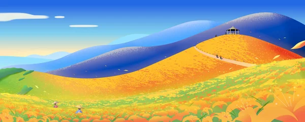 Hermoso Paisaje Panorámico Ilustrado Mar Flores Naranja Llamado Kinchen Mountain — Vector de stock
