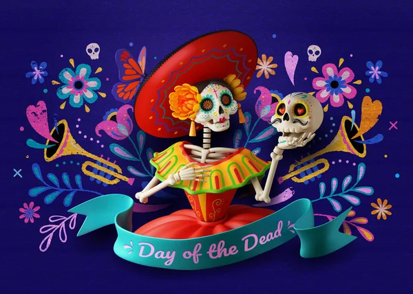 Representación Esqueleto Catrina Vestido Rojo Sombrero Sosteniendo Cráneo Azúcar Con — Archivo Imágenes Vectoriales