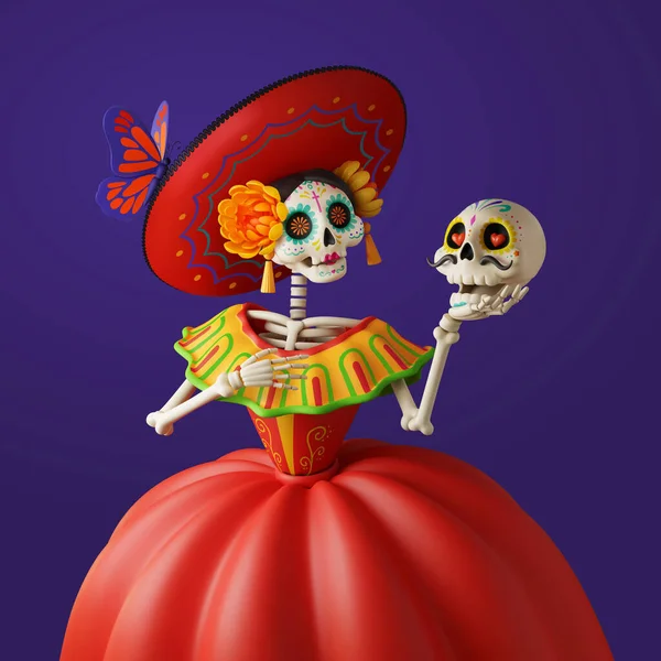 Rendering Catrina Skeleton Red Dress Hat Holding Sugar Skull Isolated — Stock Vector