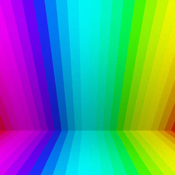 明るい虹色のストライプが追い詰められたボックスの3Dパースペクティブパターンの背景 — ストック写真