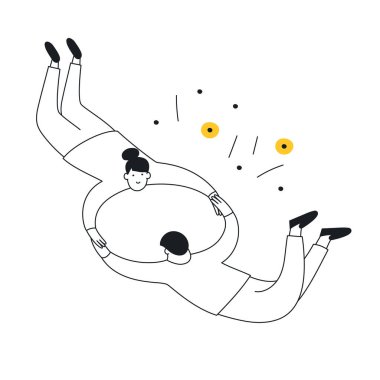 Çizgi filmdeki insanların el ele tutuşması. Senkronizasyon, takım riski, aile, birbirinize yardım edin ve güven kavramı. Beyaz çizgi vektör illüstrasyonu