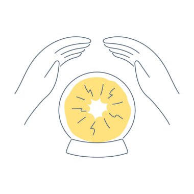 Sihirli küre, gizemli enerji küreleri, sihirli kristal cam öngörü küresi, ve onu teslim et. Tahminler, geleceğe bak, büyü yap. Düz çizgi vektör illüstrasyonu