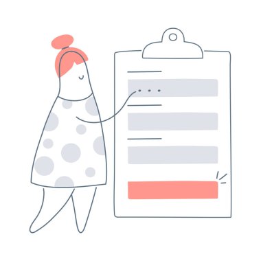 Kayıt formu, kayıt formuyla yakışıklı bir karikatürist, imza için tüm alanları dolduruyor. CTA konsepti, doldurulacak alanlar olan pano. Beyaz arkaplanda düz çizgi vektör simgesi