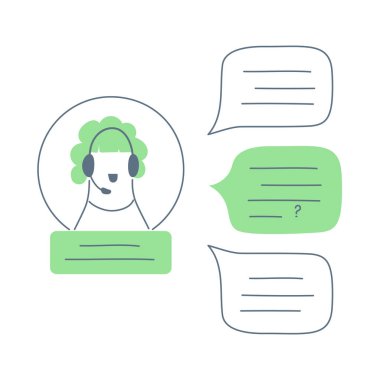 Kuryeyle sohbet, çevrimiçi destek, müşteri hizmetleri temsilcisiyle görüşme, online asistan, sanal yardım servisi. Kulaklık takıp sohbet eden kadın düz çizgili vektör çizelgesini kutsuyor.