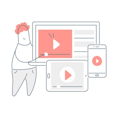 Vlog, canlı yayın, online video pazarlama. Farklı cihazların ekranlarının önünde üzerinde bir çalma tuşu olan sevimli bir çizgi film adamı. Beyaz üzerinde düz çizgi vektör illüstrasyonu.