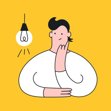 Idea generation, imagination, creativity, solution concept. Thinking man and the lightbulb. Flat clean outline isolated vector illustration on white background. clipart