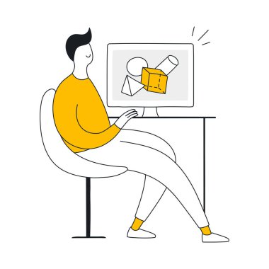 3D Grafik Tasarımcı, geometrik şekilli bilgisayar ekranı. 3D Grafik Tasarımcısı iş yerinin yanında oturuyor ve bilgisayarı kullanıyor