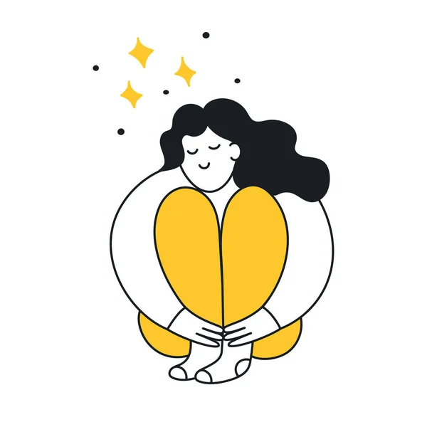 Cute Cartoon Woman Hugs Her Knees Smiling Dreaming Fantasize Daydream — Stock Vector