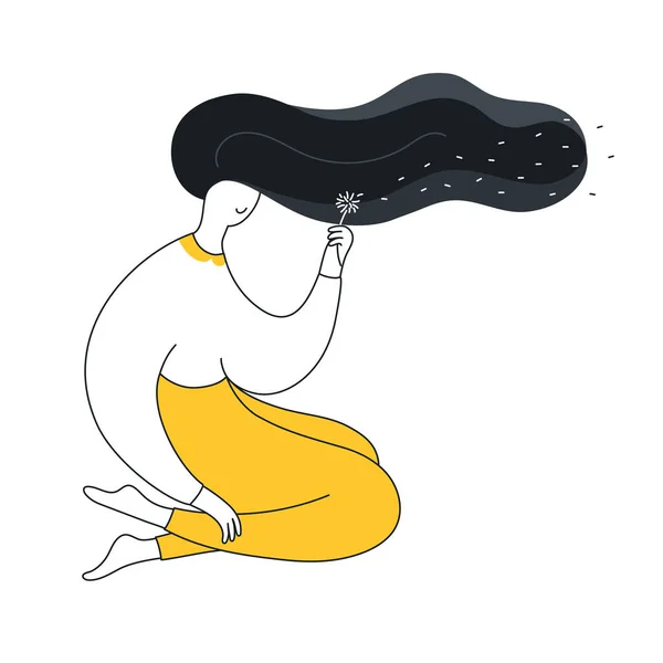 Portrait of a young beautiful woman with long wavy hair blowing dandelions seeds dreaming and daydreaming feeling relax. Sweet dreams, fantasy and imagination concept. Modern isolated vector on white.