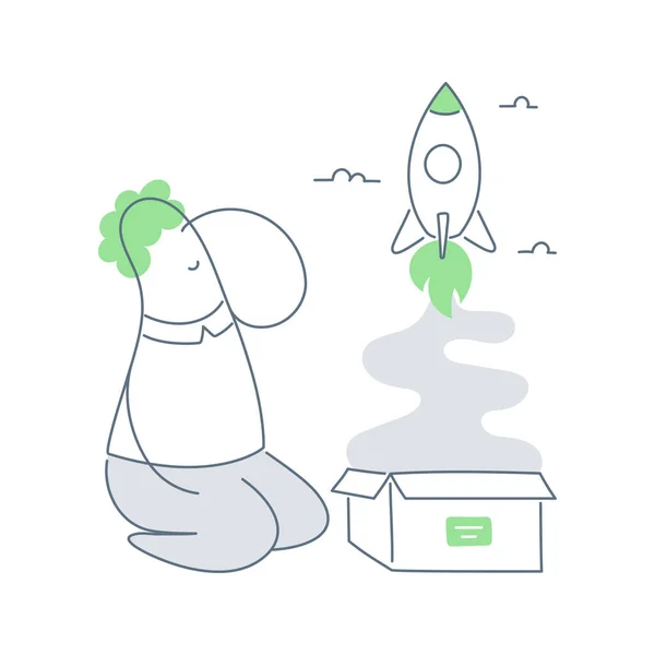 Rocket Launch Starting Startup Cute Cartoon Businessman Sitting Open Box — Stock Vector