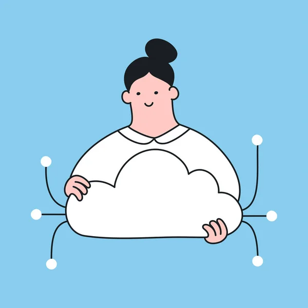 クラウドサーバーソリューション サーバーホスティングおよびコンピューティング 手に雲を抱えている可愛い陽気な女性 フラットライン孤立した漫画のベクトル図 — ストックベクタ