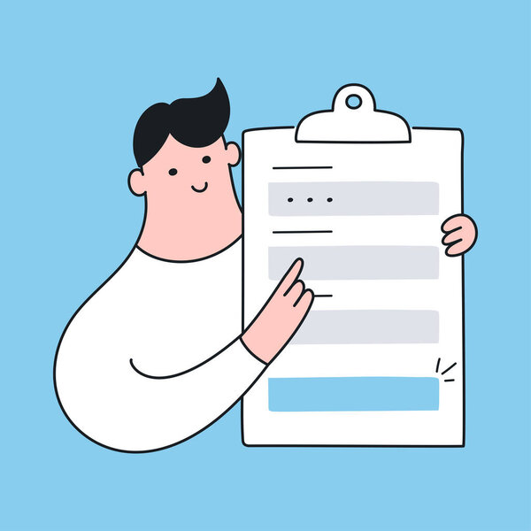 Registration form. Cute cartoon man with a registration sign up form, filling all fields for signing in, CTA concept, clipboard with fields to fill. Flat line vector icon 