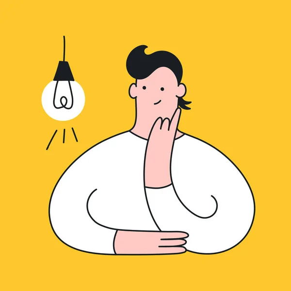アイデアの生成 想像力 創造性 解決策の概念 男と電球を考えてる フラットクリーンなアウトライン白い背景に孤立ベクトルイラスト — ストックベクタ