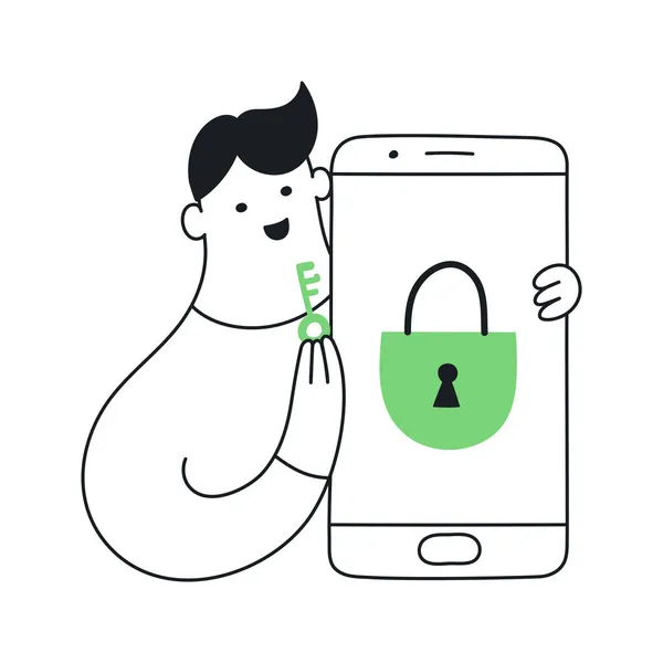 鍵を持ったビジネスマンと鍵を持ったスマートフォン ソリューション セキュリティ データアクセス 暗号化 アカウントアクセスの概念 フラットアウトラインクリーンベクトルイラスト — ストックベクタ