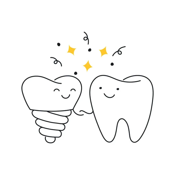 Fogkarakter Igazi Fog Implantátum Foggal Lapos Lineáris Vektor Illusztráció Gyermek — Stock Vector