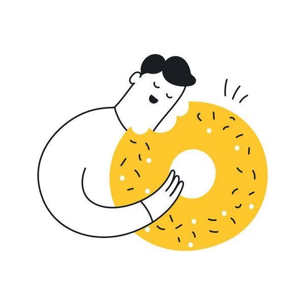 Man is eating a donut, perks concept. Encouragement, promotion or stimulation, user benefit, break time icon concept. Cute cartoon linear design style, flat isolated vector illustration 