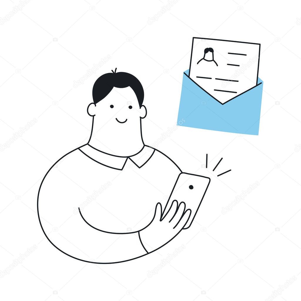 Cute outline male sending a CV via email for a vacant position. Recruitment, the concept of human resources management. Flat line vector illustration on white.