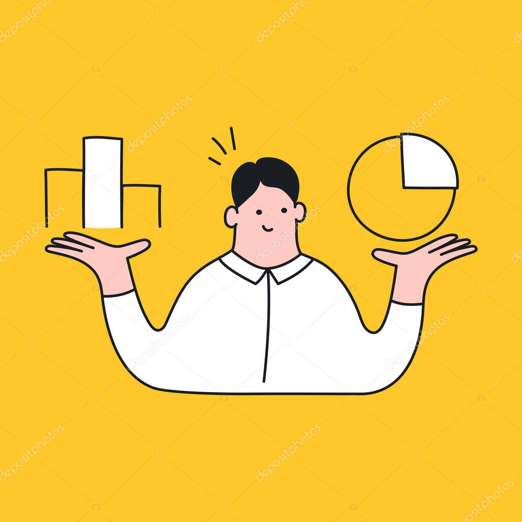Businessman holding bar and pie chart. Financial report, marketing, analytics, statistics, research data, business analysis. Flat cute outline cartoon isolated vector illustration