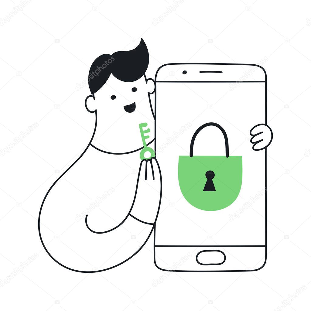 Businessman holding a key and a smartphone with a lock. Solution, opportunity, secure, data access, encryption, account access concept. Flat outline clean vector illustration