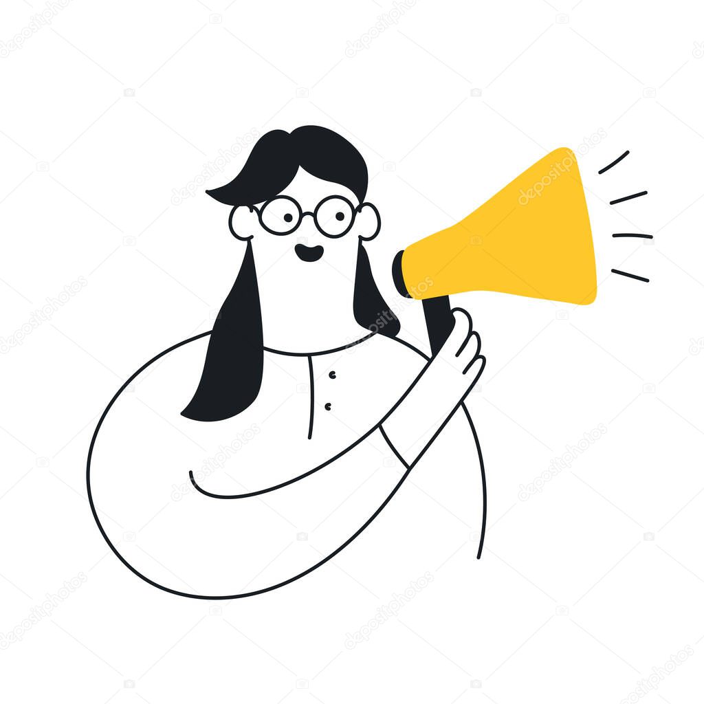 Cute cartoon woman holding megaphone. Benefits speech, voice, leader, announcement, loudspeaker, marketing and advertising concept. Flat line modern vector illustration 