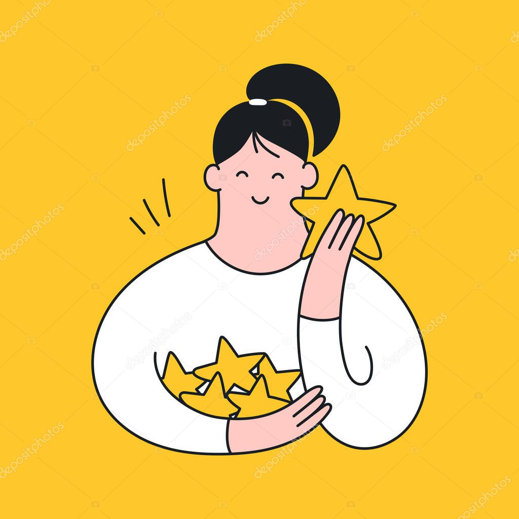 Cute girl holding stars in her hands. Rating, review, feedback icon. Customer review rating concept. Flat clean line vector illustration on white.