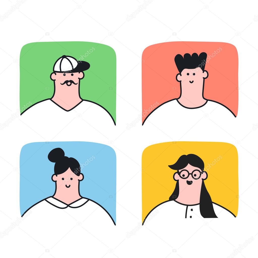 Chat bubbles with faces profiles of cute cartoon characters. Different cheerful people, men and women in light design style. Flat cute clean vector illustration on white isolated background