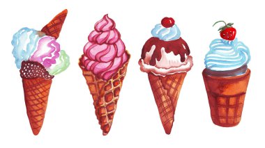 Dondurma takımı. Suluboya çizimi. El çizimi