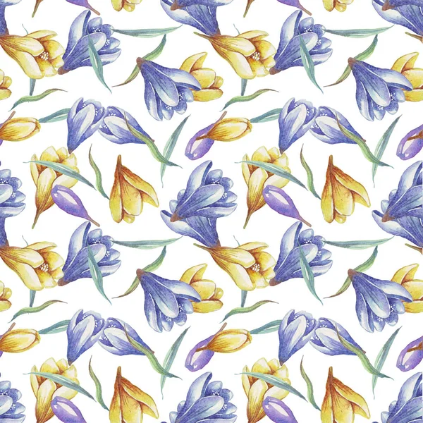 Весенние Цветы Бесшовный Узор Акварельные Крокусы Рисунок Мбаппе — стоковое фото