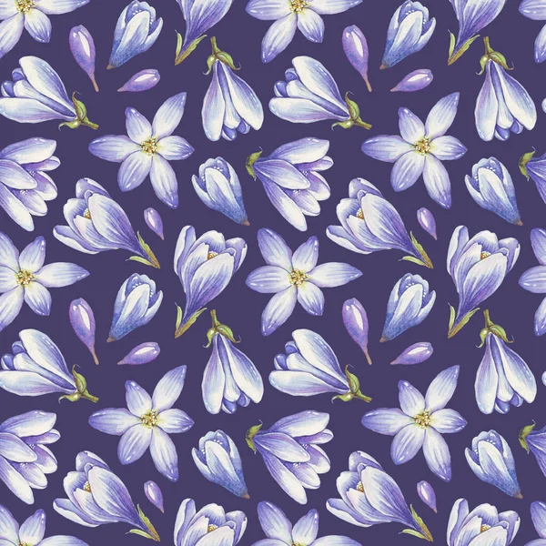 Wiosenne Kwiaty Bezszwowy Wzór Krokusy Akwarelowe Ręcznie Malowane — Zdjęcie stockowe