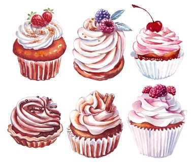 Kek seti. Tatlı. Suluboya çizimi. El boyaması.