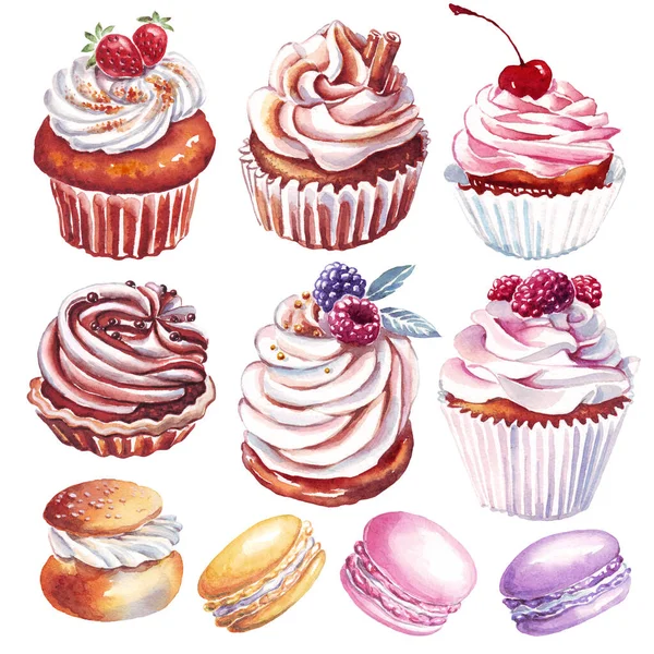 Cupcake Set Dessert Watercolor Illustration Hand Painted — Fotografia de Stock