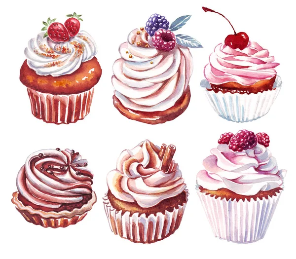 Cupcake Set Dessert Watercolor Illustration Hand Painted — 스톡 사진