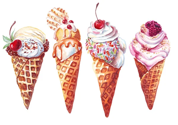Ice Creams Set Watercolor Illustration Hand Painted — Stok fotoğraf