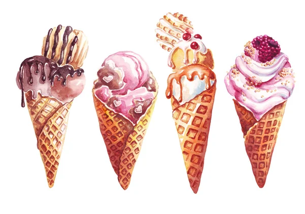 Ice Creams Set Watercolor Illustration Hand Painted — Stock Fotó