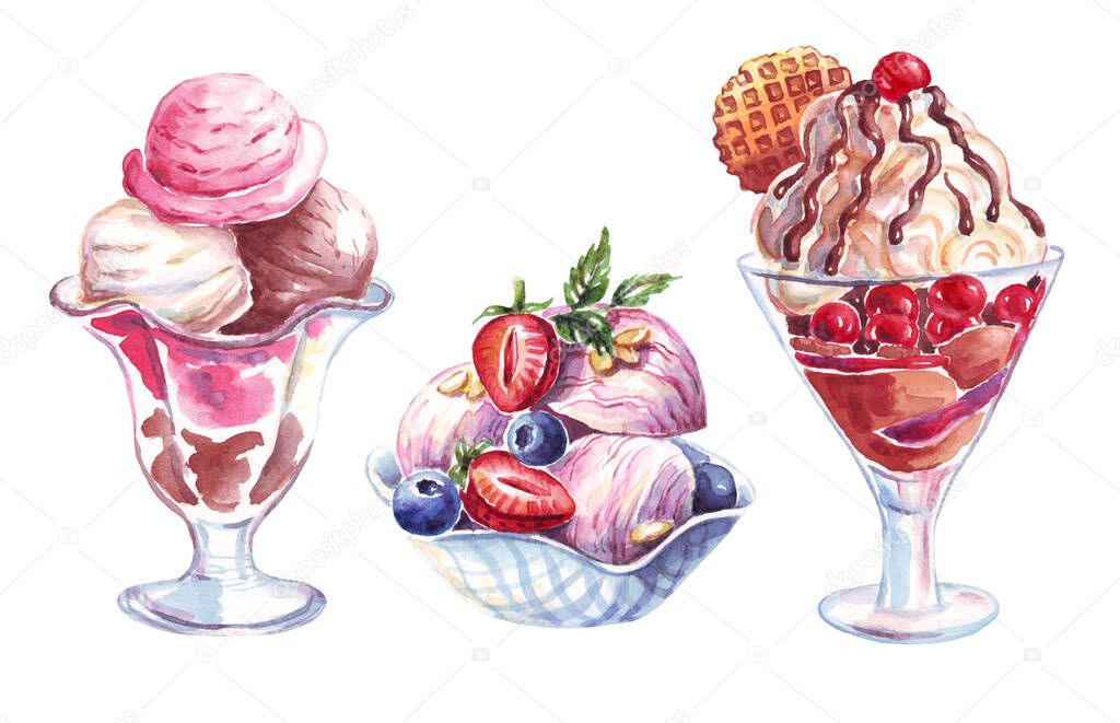  Ice creams set. Watercolor illustration. Hand-painted